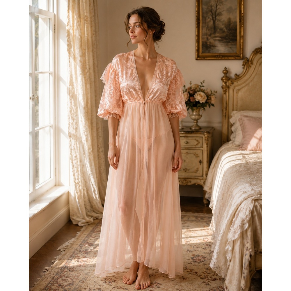 Vintage 60s Val Mode Robe Pale Peach Nylon Lace Nightgown Sheer Robe Medium